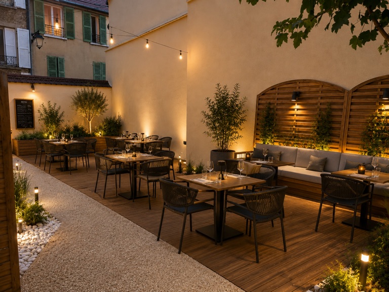 La terrasse du restaurant Chez B à Épône au soir — tables dressées, banquettes et guirlandes lumineuses