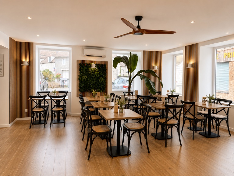 La salle du restaurant Chez B à Épône — tables en bois, chaises bistrot et mur végétal